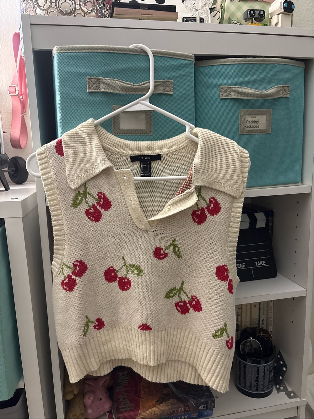 Forever 21 Cream Cherry Collared V-Neck Sweater Vest
